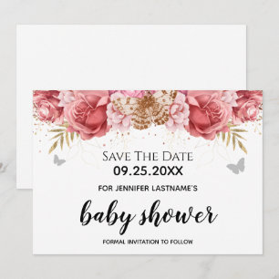 Rosa Butterflies Blommigt Baby Shower Spara datum Inbjudningar