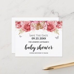 Rosa Butterflies Blommigt Baby Shower Spara datum Vykort