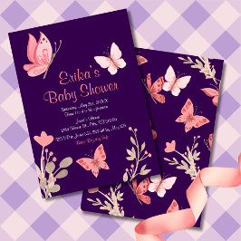Rosa Butterflies Blommigt Lila Baby Shower Inbjudningar