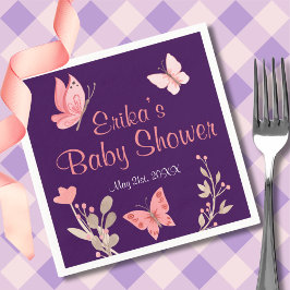 Rosa Butterflies Blommigt Lila Baby Shower Pappersservett