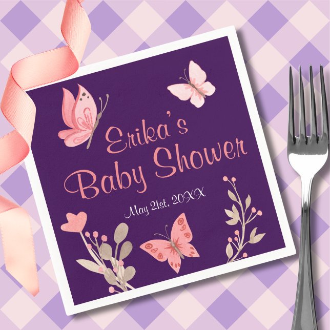 Rosa Butterflies Blommigt Lila Baby Shower Pappersservett (Skapare uppladdad)