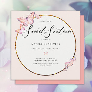 Rosa Butterflies Boho Guld Ram Girly Sweet 16 Inbjudningar