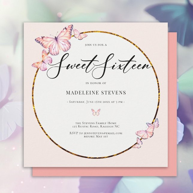 Rosa Butterflies Boho Guld Ram Girly Sweet 16 Inbjudningar (pink butterflies gold boho frame sweet sixteen birthday invitation girly trendy chic)