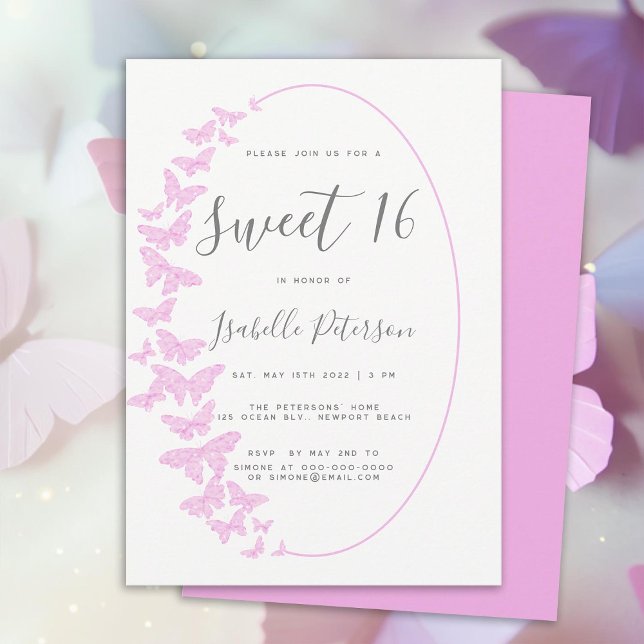 Rosa Butterflies Boho Ram Elegant Chic Sweet 16 Inbjudningar (pink butterflies boho frame sweet 16 birthday party invitation sweet sixteen elegant trendy simple)