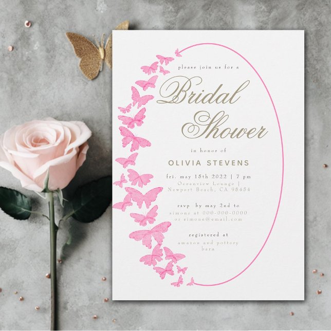 Rosa Butterflies Boho Ram Elegant Möhippa Inbjudningar (pink butterflies elegant calligraphy boho frame bridal shower invitation modern romantic chic gold)