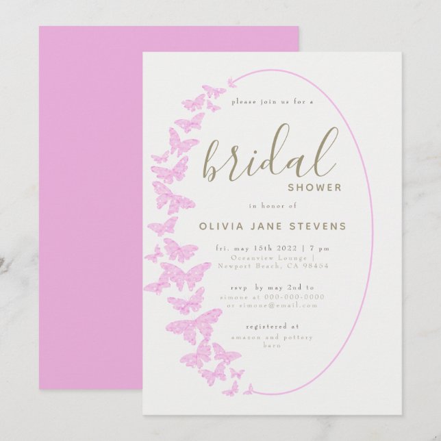 Rosa Butterflies Elegant Boho Ram Möhippa Inbjudningar (Fram/baksida)