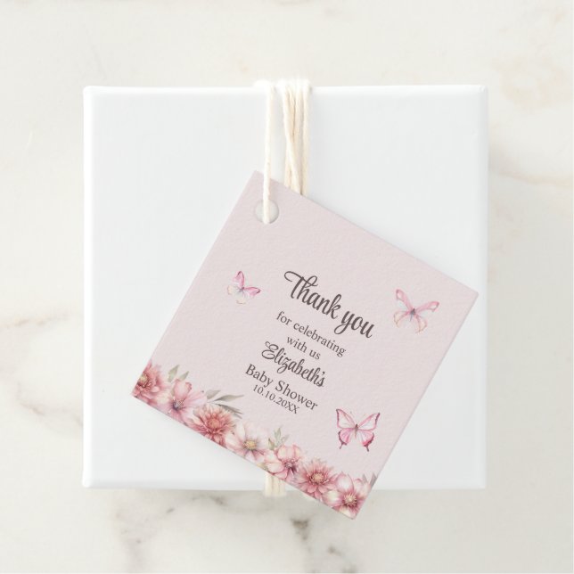 Rosa Butterflies & Flowers Baby Shower Tack Gåvor Etiketter (På plats)