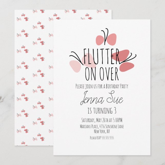 Rosa Butterflies Hand plockade Birthday-inbjudan Inbjudningar (Fram/baksida)