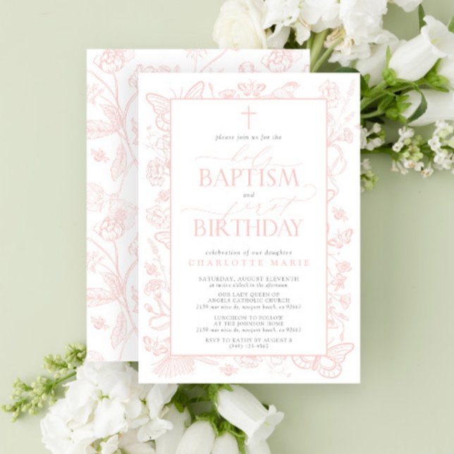  Rosa Butterflies Heliga Baptism och första födels Inbjudningar (Easily personalize this beautiful baptism and first birthday invitation with your personal details)