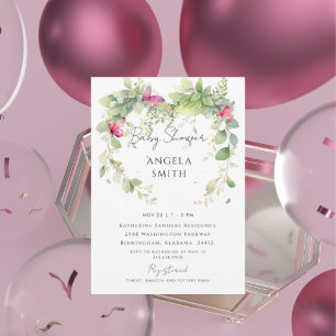 Rosa Butterflies in Foliage Elegant Baby Shower Inbjudningar