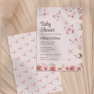 Rosa Butterflies och Blomsterträdgård Baby Shower Inbjudningar