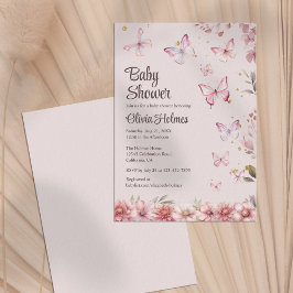 Rosa Butterflies och Blomsterträdgård Baby Shower Inbjudningar