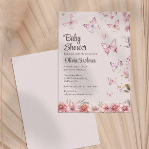Rosa Butterflies och Blomsterträdgård Baby Shower Inbjudningar