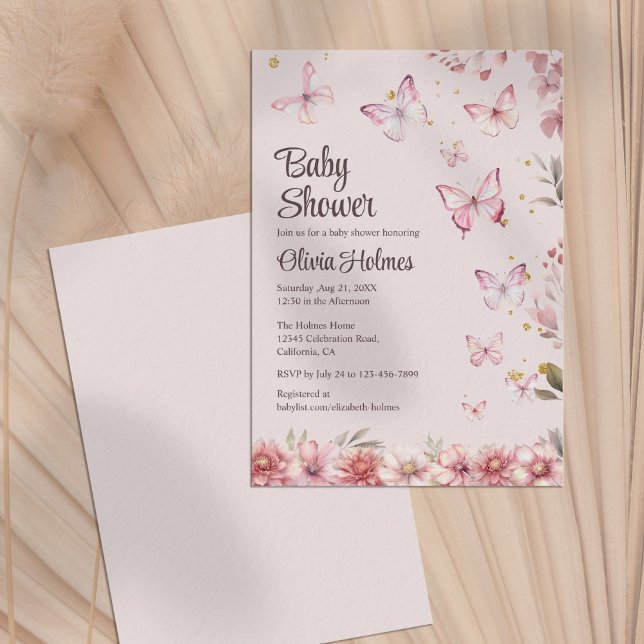 Rosa Butterflies och Blomsterträdgård Baby Shower Inbjudningar (Pink Butterflies and Flower Garden Baby Shower Invitation)