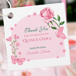 Rosa Butterflies och Ro Blommigt Quinceañera Gåvor Etiketter