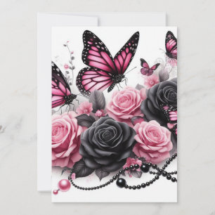 Rosa Butterflies och Ro med svart pärlor Inbjudningar