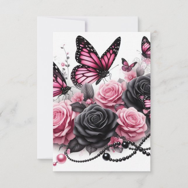 Rosa Butterflies och Ro med svart pärlor Tack Kort (Framsida)