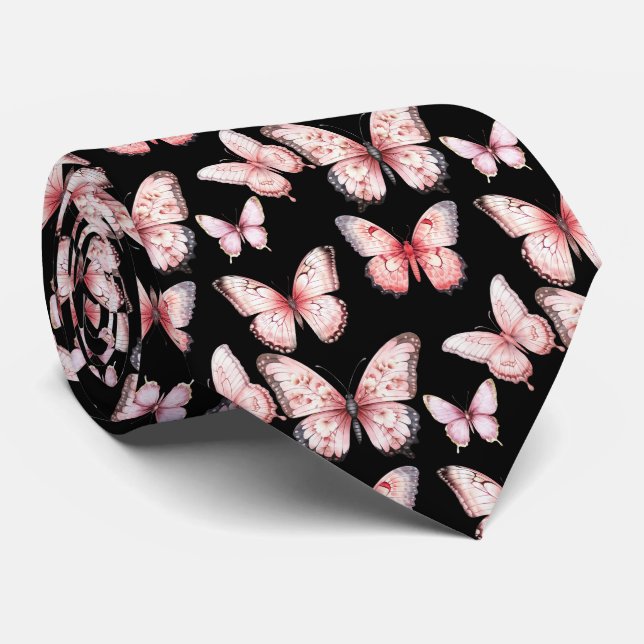 Rosa Butterflies on Black Neck Tie Slips (Rullad)