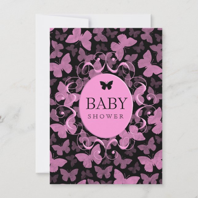 Rosa Butterflies på Black Inbjudningar (Framsida)