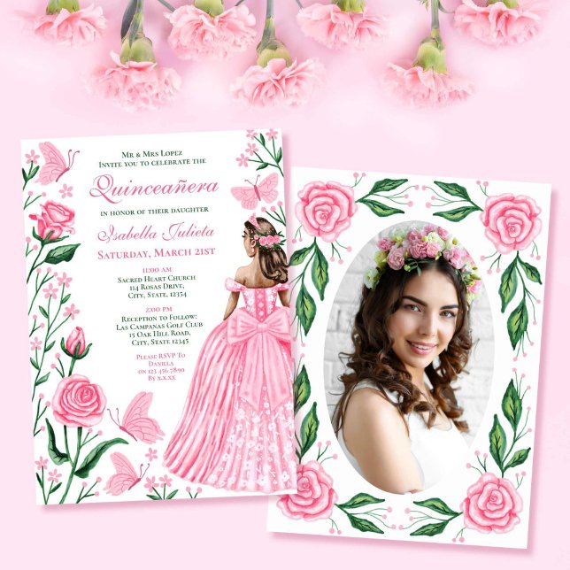  Rosa Butterflies Princess Photo Quinceanera Inbjudningar (Blush Pink Butterflies Princess Photo Quinceanera Invitation)