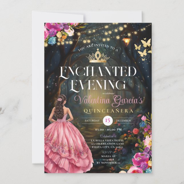 Rosa Butterflies Quinceañera 15 Anos Flowers Guld Inbjudningar (Framsida)