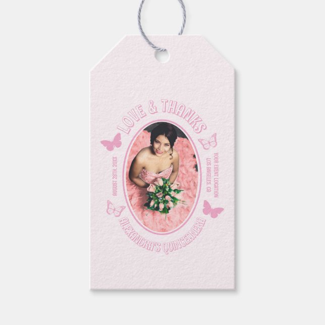 Rosa Butterflies Quinceanera Presentetikett (Framsidan)