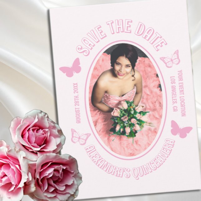 Rosa Butterflies Quinceanera Spara Datumet (Skapare uppladdad)