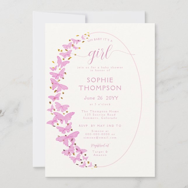 Rosa Butterflies Ram Guld Chic Girl Baby Shower Inbjudningar (Framsida)
