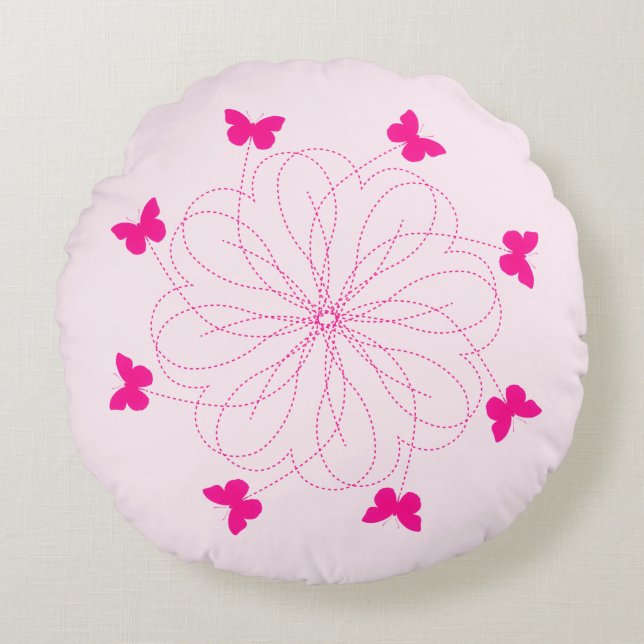 Rosa Butterflies Round Pillow Heart Flowers Rund Kudde (Framsidan)