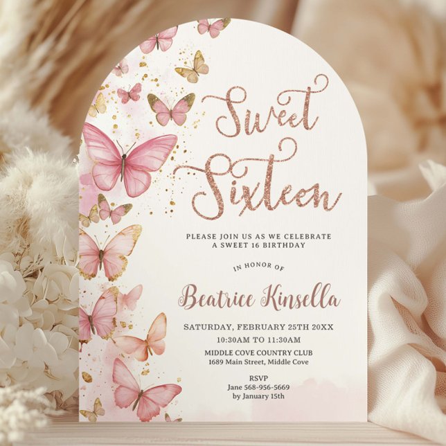 Rosa Butterflies Sweet sixteen 16 Birthday Arch Inbjudningar (Skapare uppladdad)