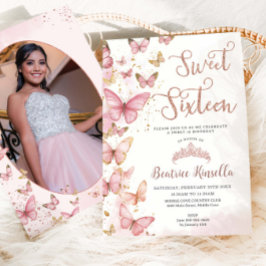 Rosa Butterflies Sweet sixteen 16 Birthday Photo Inbjudningar