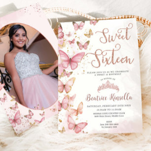 Rosa Butterflies Sweet sixteen 16 Birthday Photo Inbjudningar