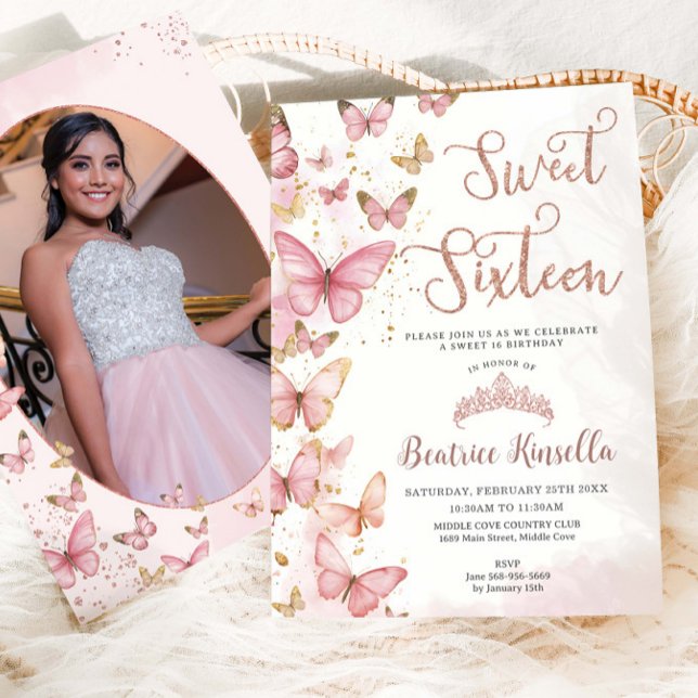Rosa Butterflies Sweet sixteen 16 Birthday Photo Inbjudningar (Skapare uppladdad)