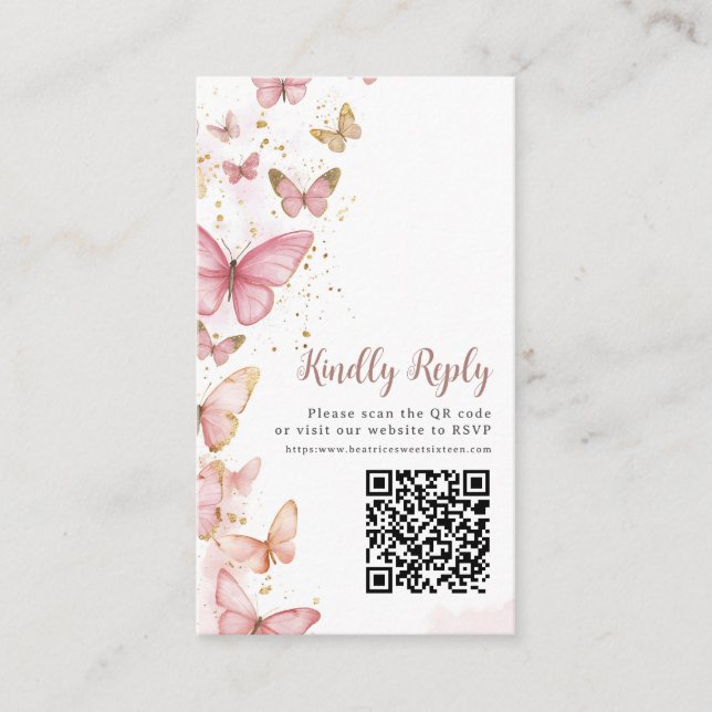 Rosa Butterflies Sweet sixteen Quinceanera QR OSA Tilläggskort (Framsida)