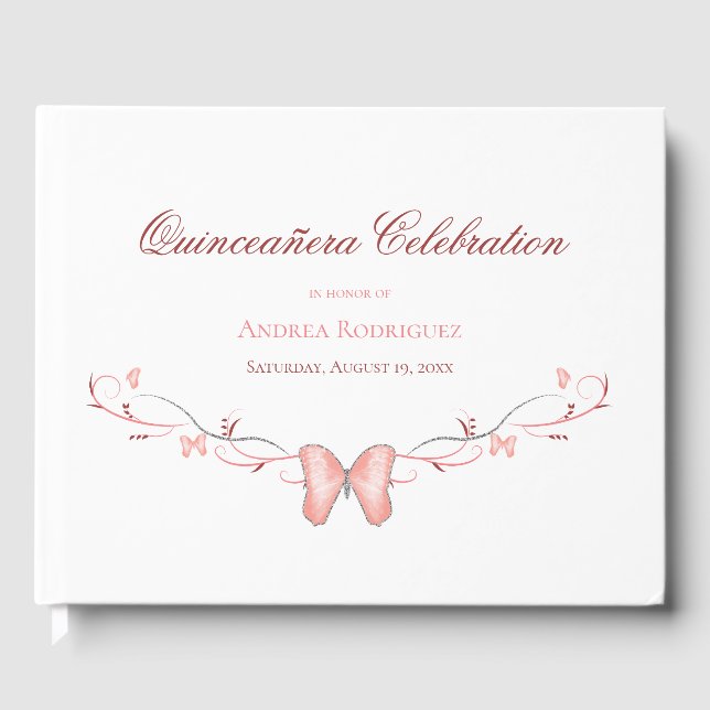 Rosa Butterflies & Swirls Quinceañera Gästböcker (Framsida)