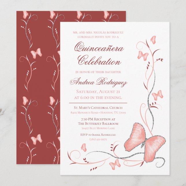 Rosa Butterflies & Swirls Quinceanera Inbjudningar (Fram/baksida)