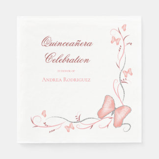 Rosa Butterflies & Swirls Quinceañera Pappersservett