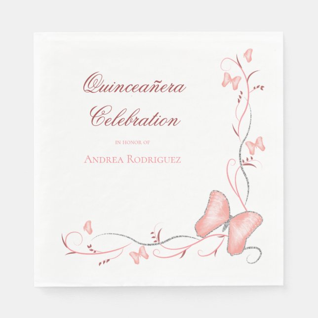 Rosa Butterflies & Swirls Quinceañera Pappersservett (Framsidan)