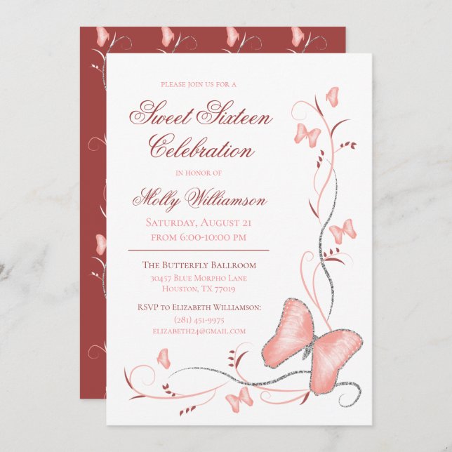 Rosa Butterflies & Swirls Sweet 16 Inbjudningar (Fram/baksida)