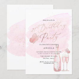 Rosa Butterflies Watercolor Champagne 21 DIY ÅR Inbjudningar