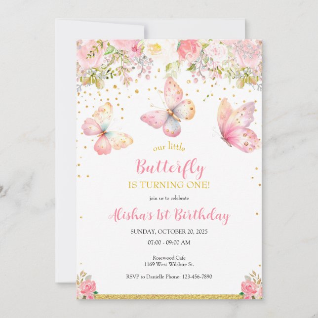 Rosa Butterfly 1:a födelsedagsinbjudan Inbjudningar (Framsida)