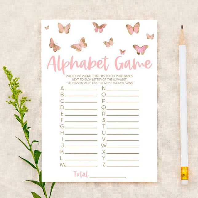 Rosa Butterfly Alphabet Baby Shower Game Brevpapper (Skapare uppladdad)