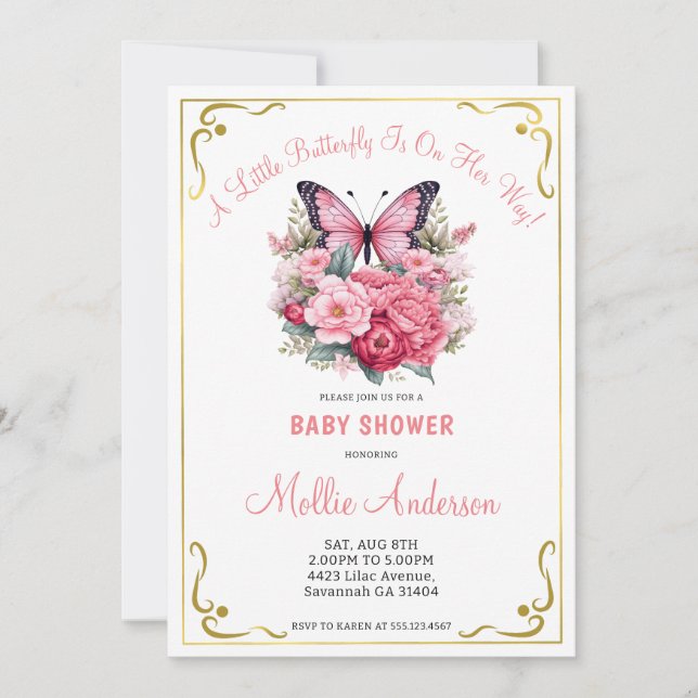 Rosa Butterfly and Flowers Baby Shower Inbjudningar (Framsida)