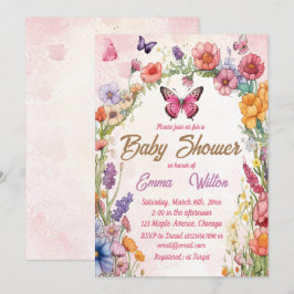 Rosa Butterfly Baby Shower Blommigt Garden Inbjudningar