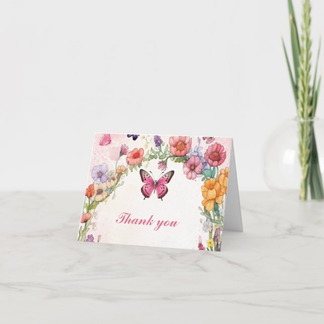 Rosa Butterfly Baby Shower Blommigt Garden Tack Kort (Framsida)