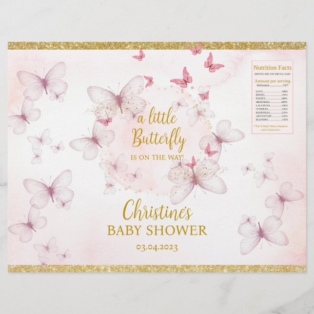 Rosa Butterfly Baby Shower Chip Bag-etiketter Reklamblad (Framsidan)
