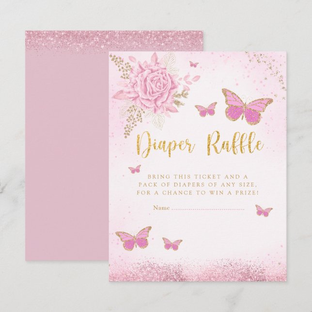 Rosa Butterfly Baby Shower Diaper Raffle Biljett Inbjudningar (Fram/baksida)