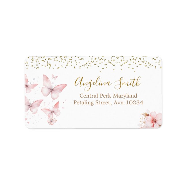 Rosa Butterfly Baby Shower Girl Adressetikett (Framsidan)