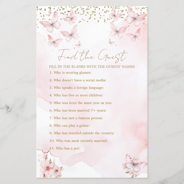 Rosa Butterfly Baby Shower Girl Girl Hitta gästen (Framsida)