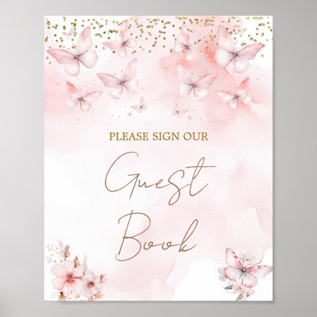 Rosa Butterfly Baby Shower Girl Guest Bok Poster (Framsidan)